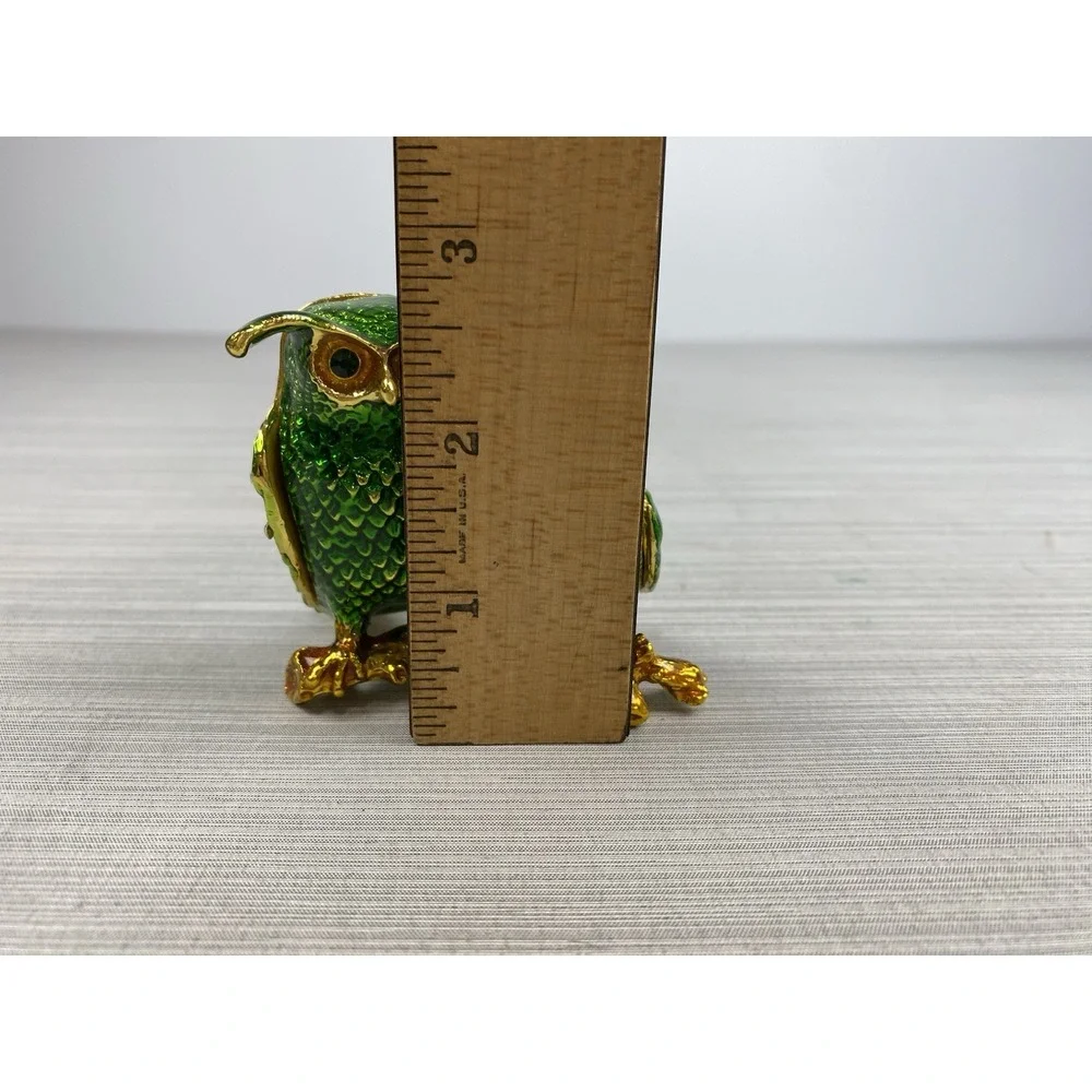 Owl Trinket Box Green Enamel Goldtone Rhinestones‎ Magnetic Closure Vintage
